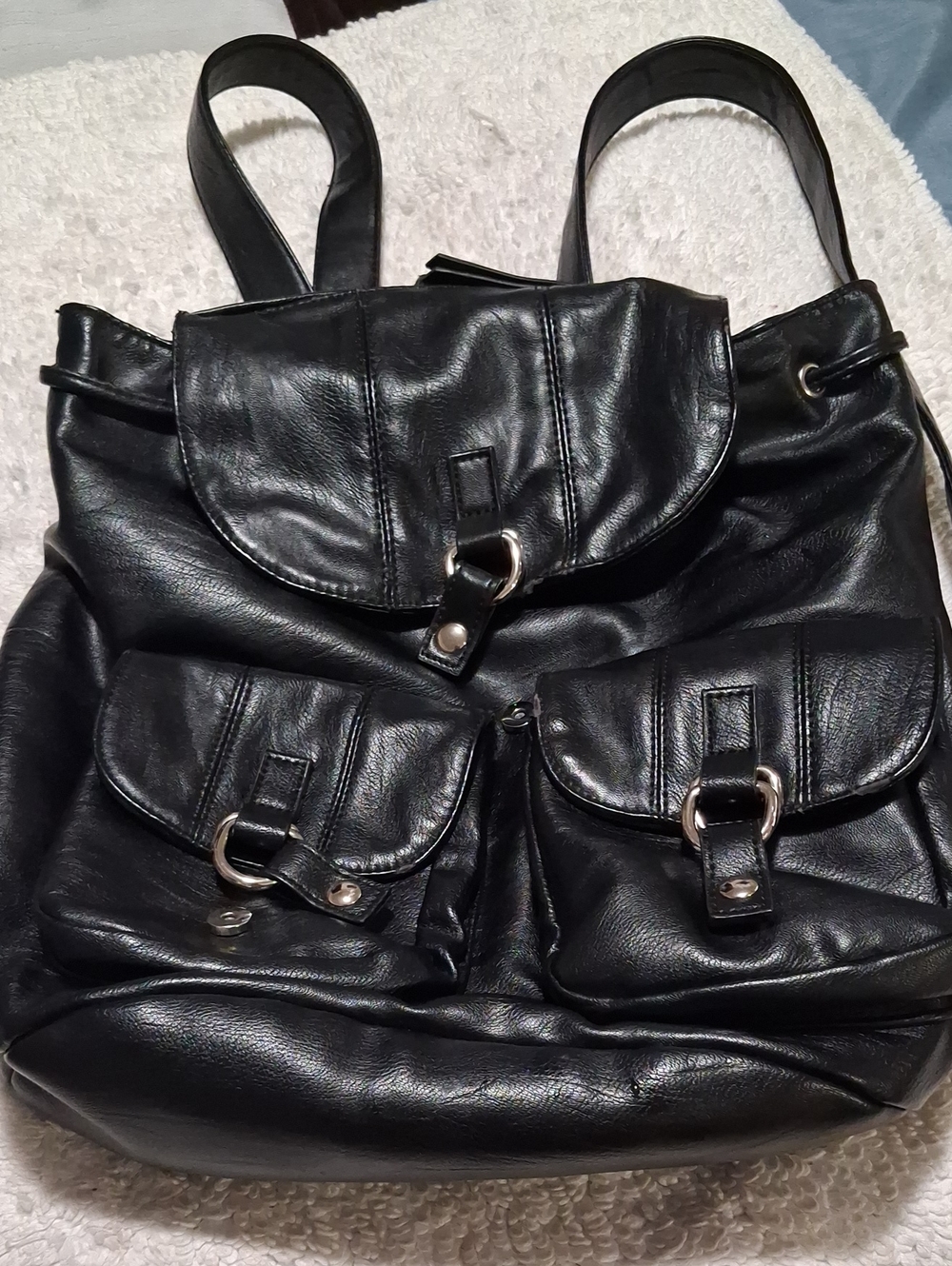 Classic Black Leather Backpack Tote - Unbranded